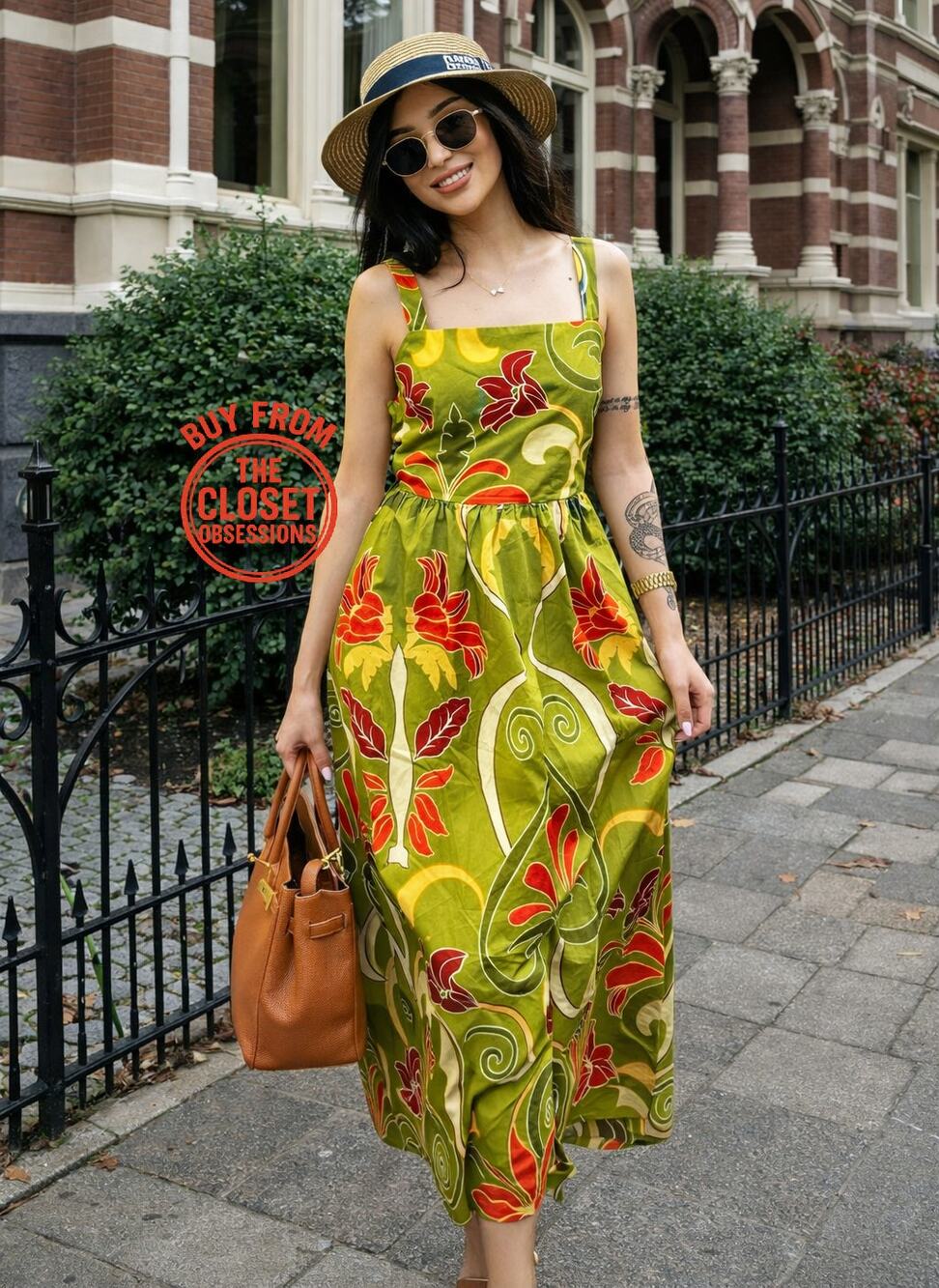 Zara NWT Green Floral Cotton Square Neck A Line Midi Dress M